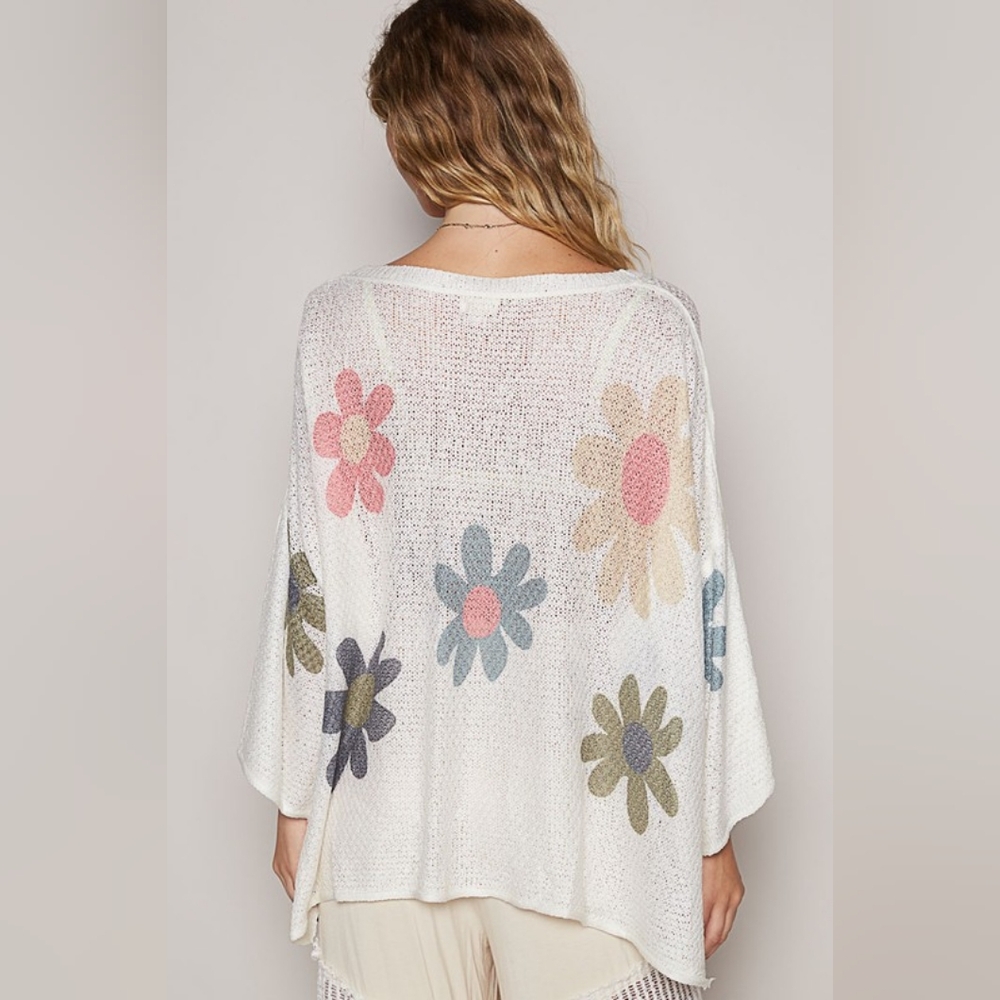 POL Daisy Retro Color Contrast Flower Top Oversized Shirt Pullover Knit Sweater - Picture 4 of 11